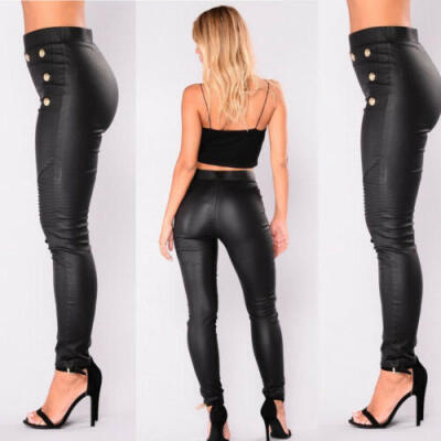 

Autumn Womens PU Full Pencil Pants Stretchy Push Up Solid Tight Trousers