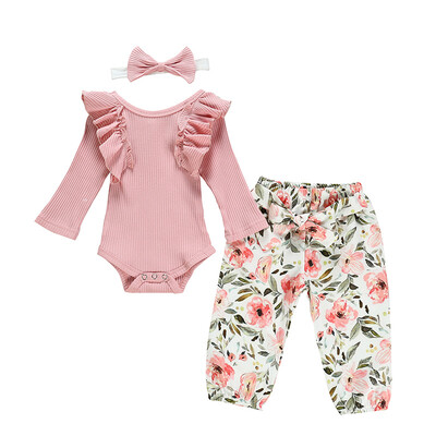 

3pcs Autumn Baby Girl Clothing Sets Long Sleeve Romper Tops Floral Trousers Headband Casual Outfits Clothes 0-18M
