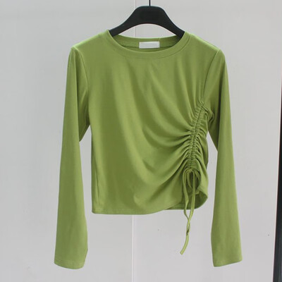 

Women T Shirt Fashion Solid Color Slim Long Sleeve Casual T-Shirt Simple Drawstring Tshirt Wild Short Tee Tops