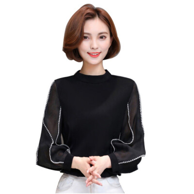 

Spring Autumn Women Chiffon Blouses Shirt O-Neck Elegant Office Lady Shirt Translucent Long Sleeve Tops for Female