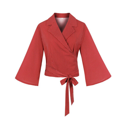 

Women Chiffon Blouses Vintage Notched Collar Long Sleeve Spring Summer Polka Dots Printed Shirt Female Slim Bandage Short Shirt