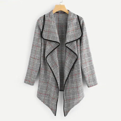 

Toponeto Fashion Women Outwear Long Sleeves Plaid Lapel Irregular Cardigan Woolen Coat