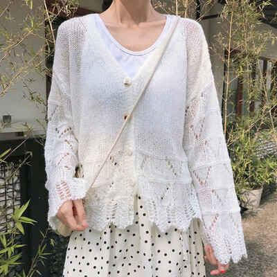 

Fashion Ladies Hollow Sweaters Long Sleeve Cardigans Thin Tops V-Neck Ruffles Solid Sweaters Single Breasted Knitted Tops