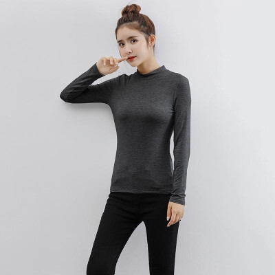 

Fashion Women Autumn Solid Color T-Shirt Half Collar Long Sleeve Thin Elastic Slim Bottoming Top