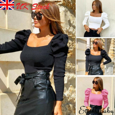 

Women Autumn Square Neck Ruffle Long Puff Sleeve Tops T Shirt Ladies Club Blouse