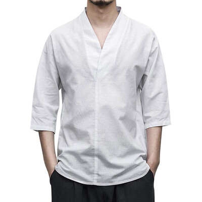 

Tailored Men Linen Patchwork Seven-Minute Sleeve Solid Color Loose V neck Blouse T Shirt