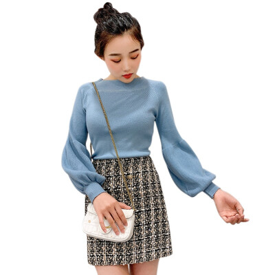 

Lantern Sleeve Slim Pullover Sweater Women New Word Collar Solid Color Casual Fashion Long Slim Sweater