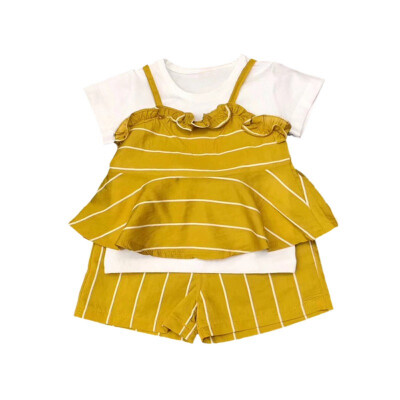 

Children Girls Casual Clothes Summer Crown Stripe Print Strap TopShort Sleeve T-shirtShorts Suits 3Pcs Costume Pink YellowSet