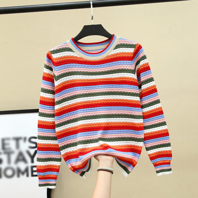 

Colorful Stripes Print Women Sweater Autumn Winter Korean Slim Long Sleeved Crewneck Bottom Knit Jumpers Pullover