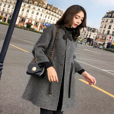 

Woollen outerwear womens long version of the Korean version of the 2018 fall new student cloaks small thousand-birds tartan coats