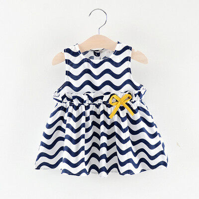 

Children Girls Summer A-shaped Dress Round Collar Cute Irregular Wave Stripes Print Sleeveless Sweet Dress