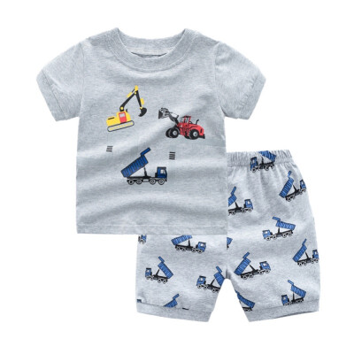 

Summer Cotton Little Boys Casual Outfits Set-Short Sleeves T-shirt And Excavators Printed Short Pants 3-8T