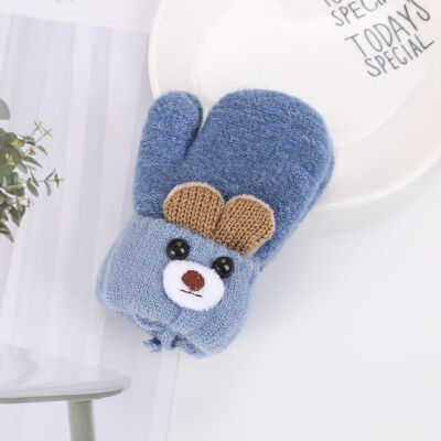 

Cute Cartoon Bear Baby Gloves Winter Wool Plus Thick Full Rope Finger Mittens Warm Knitted Gloves