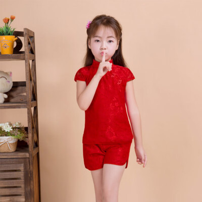 

Baby Girls Clothes set Sleeveless Tang Suit Children T-shirt Tops Shorts Set Cotton Button Design