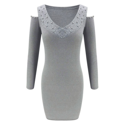 

Women Dress Cold Shoulder Strapless Diamand Solid Long Sleeve V-Neck Women Bodycon Mini Dress