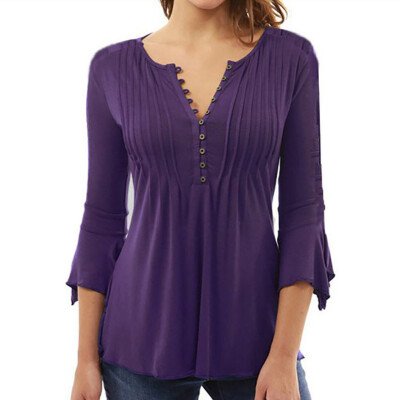 

2019 European&American Womens Tee Trumpet Sleeve V-neck Pleated Solid Color Ladies Fall Clothes T-shirt