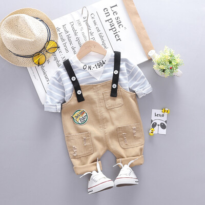 

Fashion Handsome Striped Pattern Children Suit Korean Long-sleeved Top Bib Pants Two-piece Boys Set