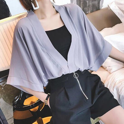 

Sexy Women Blouse V-neck Loose Chiffon Solid Color Batwing Sleeve Elegant Clothing Summer 2019 Hot YRD