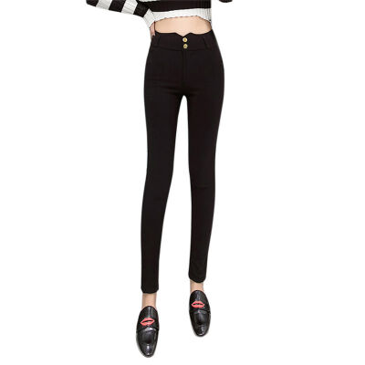 

New Plus Velvet High Waist Slim Skinny Pencil Pants Elastic Bottom Warm Black Trousers Autumn&Winter