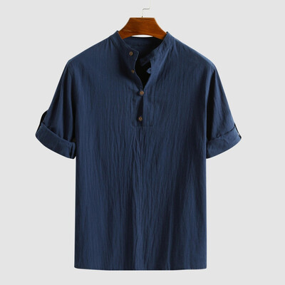 

Toponeto Mens Baggy Linen Blend Solid Color Three Quarter Sleeve Stand Collar Shirts