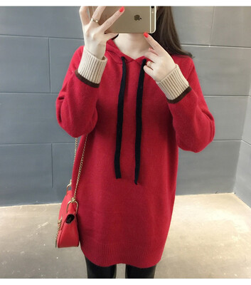 

Medium&long loose hooded knitted winter 2018 womens wear new woollen sweater Korean version of the pure color sweater coat