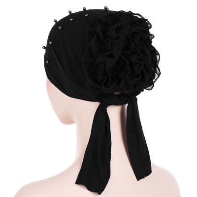 

New Solid Color Beaded Large Flower Stretch Headscarf Muslim Turban Hat Chemo Cap Hair