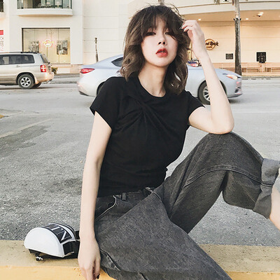 

New Fashion Chic Knotted Summer T-shirt Solid Color Slim T-shirt Female Cotton O-Neck Tee Slim Tops Korean Style