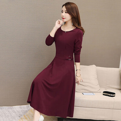 

Temperament Women Dress Autumn Winter Sexy Round Dress Neck Over The Knee Long Sleeve Sexy Simple Solid Color Slim Dress
