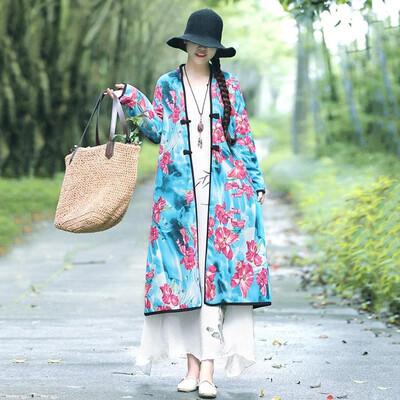 

Vintage Women Winter Floral Print Longline Coat V Neck Long Sleeve Buttons Pocket Fluffy Warm Thick Parka Outerwear