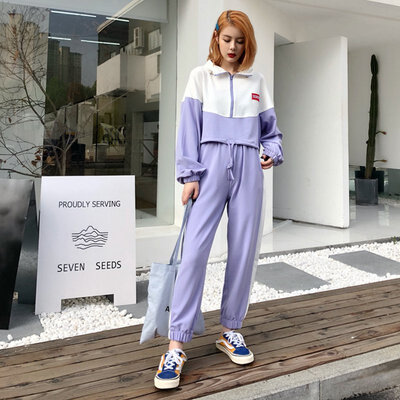 

Autumn New Loose Casual Color Patchwork Women Sets Hip Hop Style Crop Top Harlan Pants 2 Pieces Sets -XL