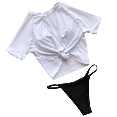 

Womens Short Sleeve Front Knot Crop Rash Guard Bikini Set NEW