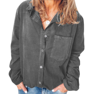 

Women Blouse Warm Corduroy New Vintage Long Sleeve V Neck Shirts Spring autumn Femme Solid Blouse Casual Tops