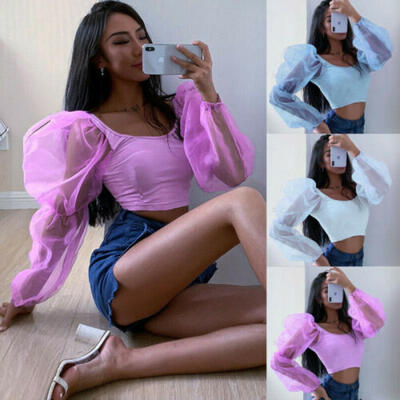 

Summer Women Organza Ruffled Sleeve Solid Color Casual Club Short T-shirt Tops
