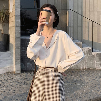 

Autumn Women Vintage Shirt V neck Sexy Loose Solid Color Satin Retro Long Sleeve Famale Blouses Fall Clothes Tops