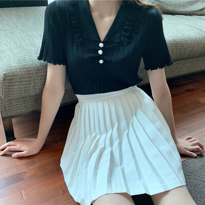

Wooden ear versatile sweet Slim doll collar female T-shirt fashion sweet beads decorative comfort wild shirt