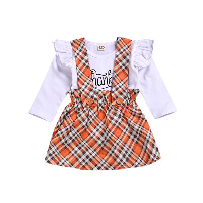 

2019 Spring Autumn New Baby Girls Dress Sets Cotton Comfortable Fashion Style Letter Printed T-ShirtsLattice Dress 2 Pcs Sets