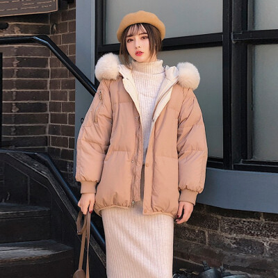 

2018 new Korean version of loose BF cotton-padded jacket students coat with hat&big fur collar for women winter