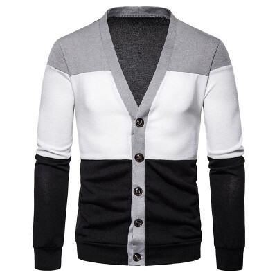 

Fashion Men Cardigan Coats Buttoned Front V Neck Long Sleeves Striped Splicing Autumn Spring Sweater Vintage Casual Tops Outwear