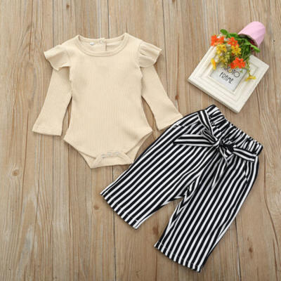 

UK Cute Infant Baby Girl Kids Long-sleeved Sweater Tops Striped Trousers Clothes