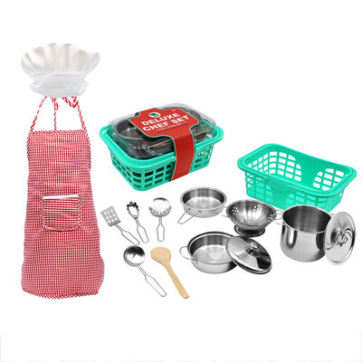 

14pcs Kitchen Pretend Play Toys Stainless Steel Cookware Pots Pans Utensils Apron Chef Hat Kitchenware