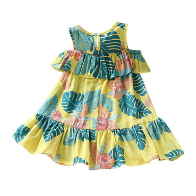 

Girls Kids Children Casual Summer Short A-Line Draped Knee-Length Petal Sleeve Crew Neck Cotton Print Dress