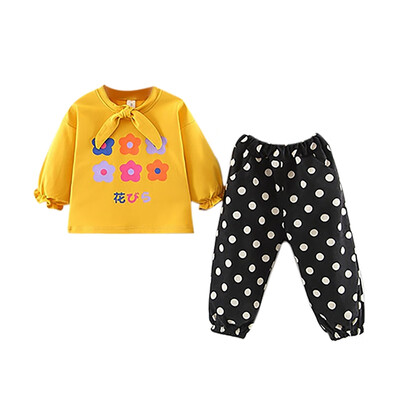 

Children Spring Autumn Cartoon Printed Long Sleeve Sweater Round Collar Casual Tops Dot Print Pants