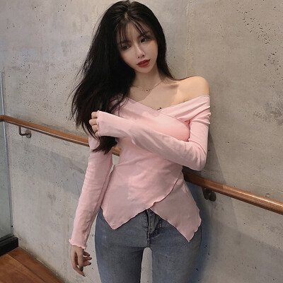 

Autumn Women Sexy V neck T-shirt Slim Long Sleeve Solid Color Off Shoulder Korean Sweet Tee Tops Grunge Aesthetic Basic Tshirt