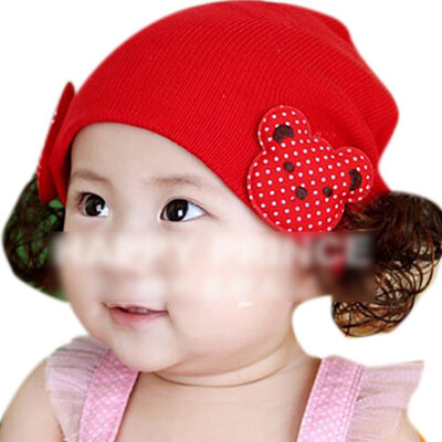 

Winter New Girls Hat Fashion Cute Wig Flower Hair Children Baby Kids Cap Floral Warm Knitted Earmuff Wig Caps Baby Accessories