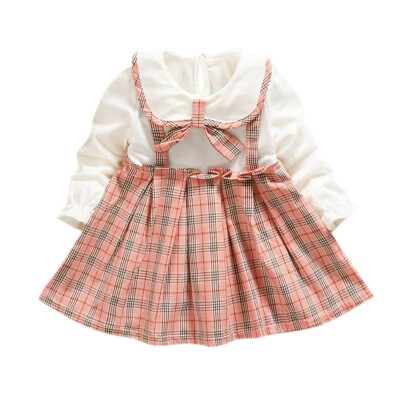 

Spring Autumn New Baby Kids Girls Plaid Print Long Sleeve Dress Sweet Cotton Comfortable Fake 2 Piece Doll Collar Bowknot Dress