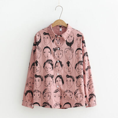 

Womens Fashion Character Printed Blouse Women Graffiti Blouses Streetwear Turn Down Collar Long Sleeve Cotton Loose Shirt