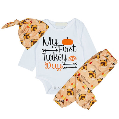 

High Quality Newborn Long Letter RomperCartoon PantsPrint Hat 3pcs Clothing Sets New Baby Girls Boys Thanksgiving Clothes Sets