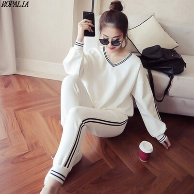 

Womens Striped Long Sleeve V-Neck T-Shirt Elastic Waist Ankle-Length Pants Casual 2PCSSet