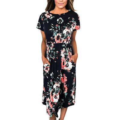 

Summer Long dress women New Round Neck Short-sleeved Bohemian Style Beach Dresses Floral Print Pocket Dress vestidos