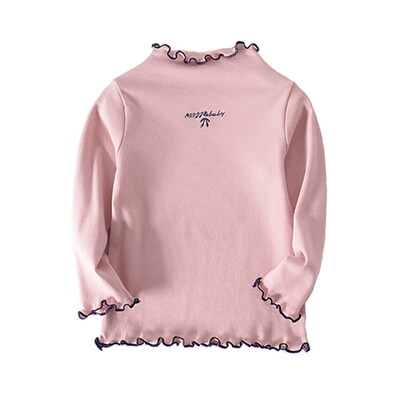 

2-8T Autumn Long-Sleeved Girls Embroidered Ruffled Children T-shirt Half-High Collar Lace Bottoming T-Shirt